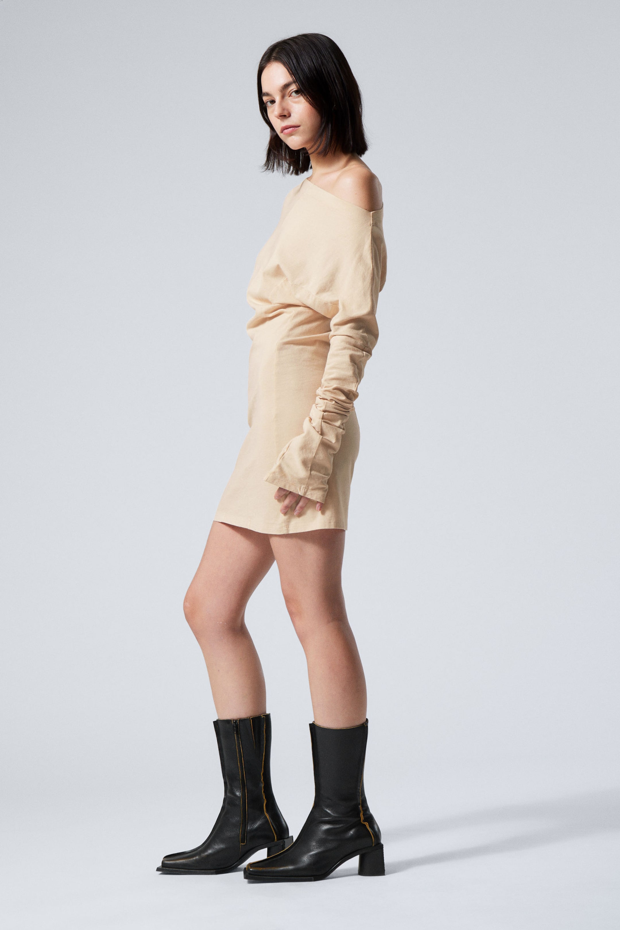 Light Beige - Long-Sleeved Off-Shoulder Mini Dress - 2
