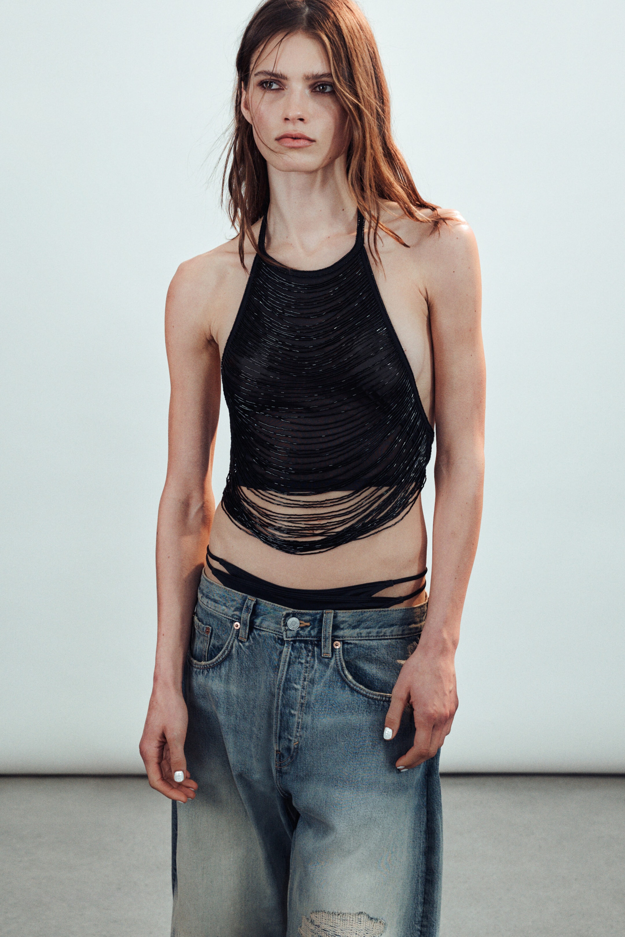 Black - Beaded Mesh Halterneck Top - 1