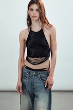 Black - Beaded Mesh Halterneck Top - 0