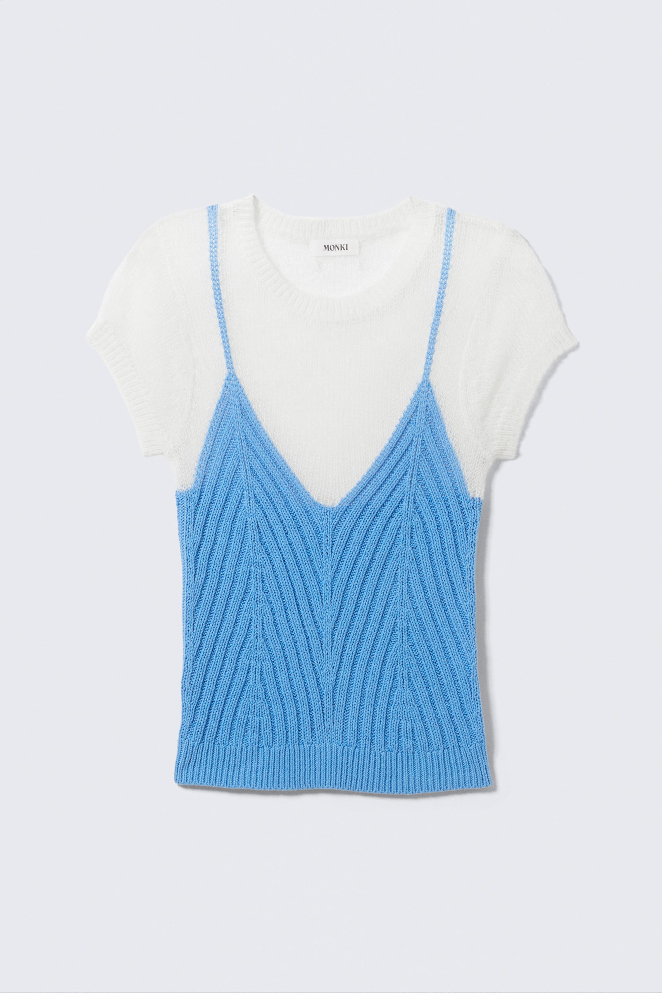 White & Blue - Short-Sleeved Knitted Layered Top - 3