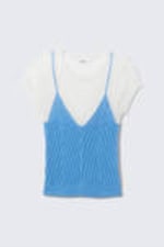 White & Blue - Short-Sleeved Knitted Layered Top - 3