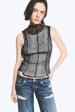 Black - Sheer Crinkled Sleeveless Top - 0