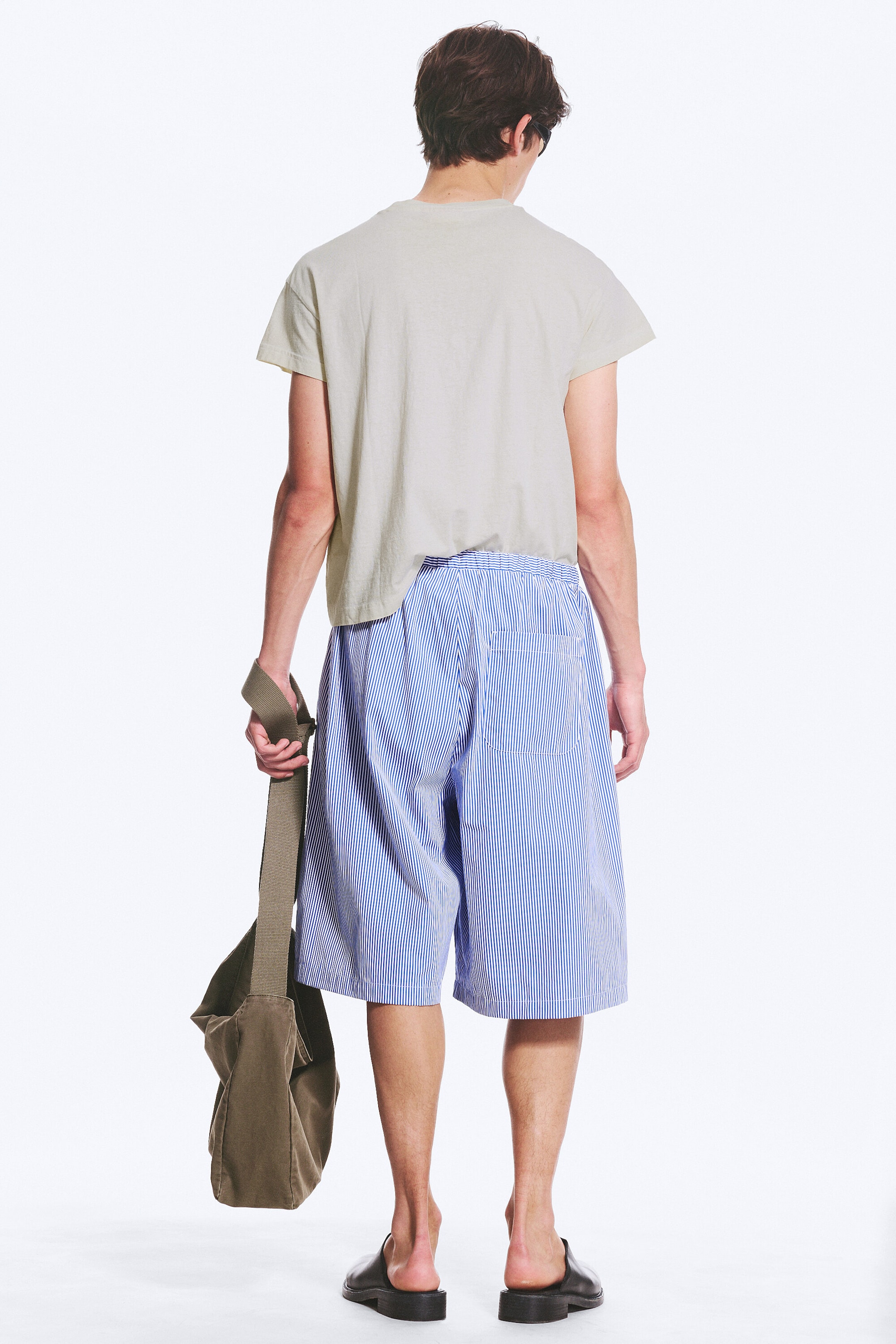 Striped Blue/White - Drawstring Knee-length cotton shorts - 3