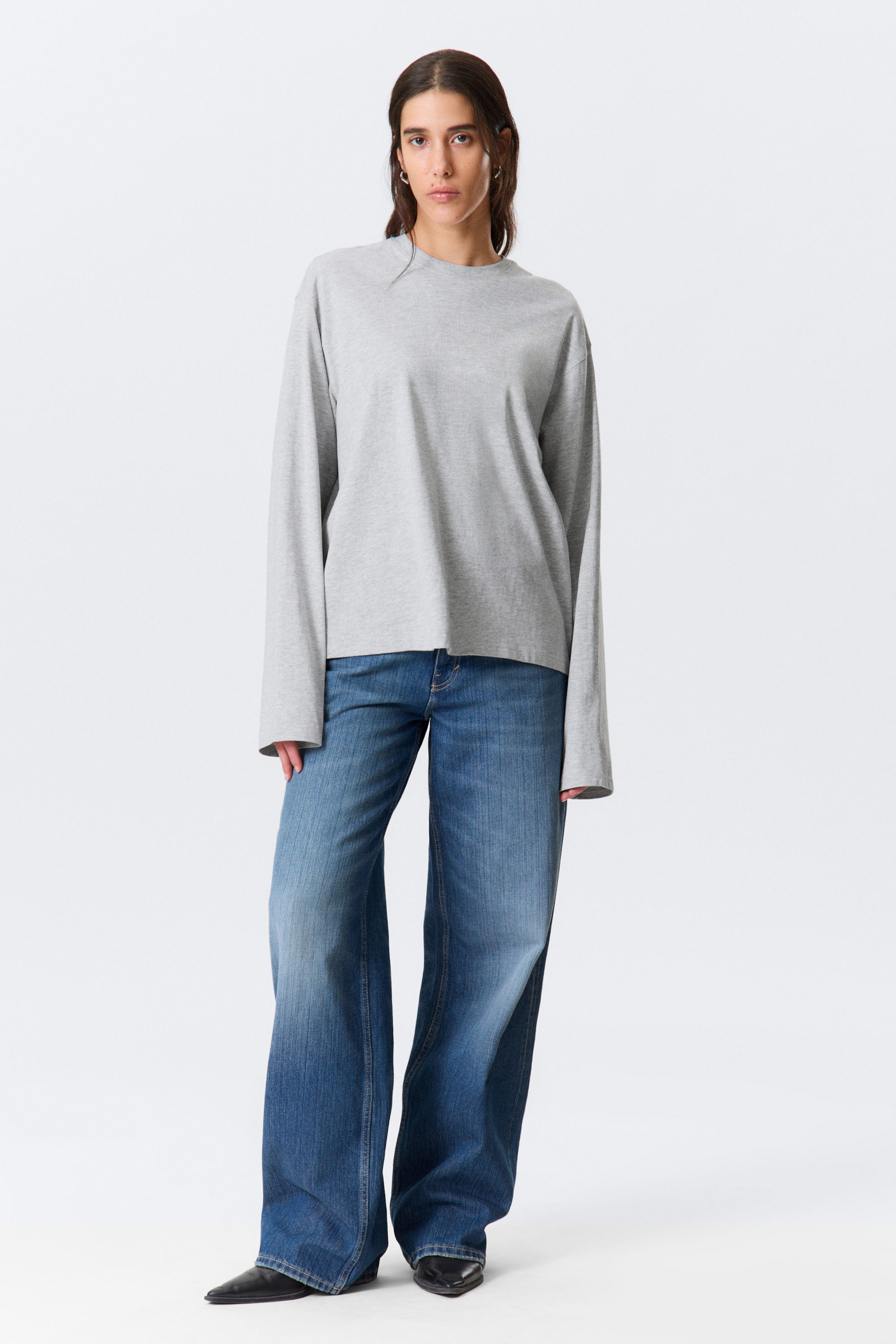 Grey Melange - Long-Sleeved Boxy Cotton T-shirt - 2