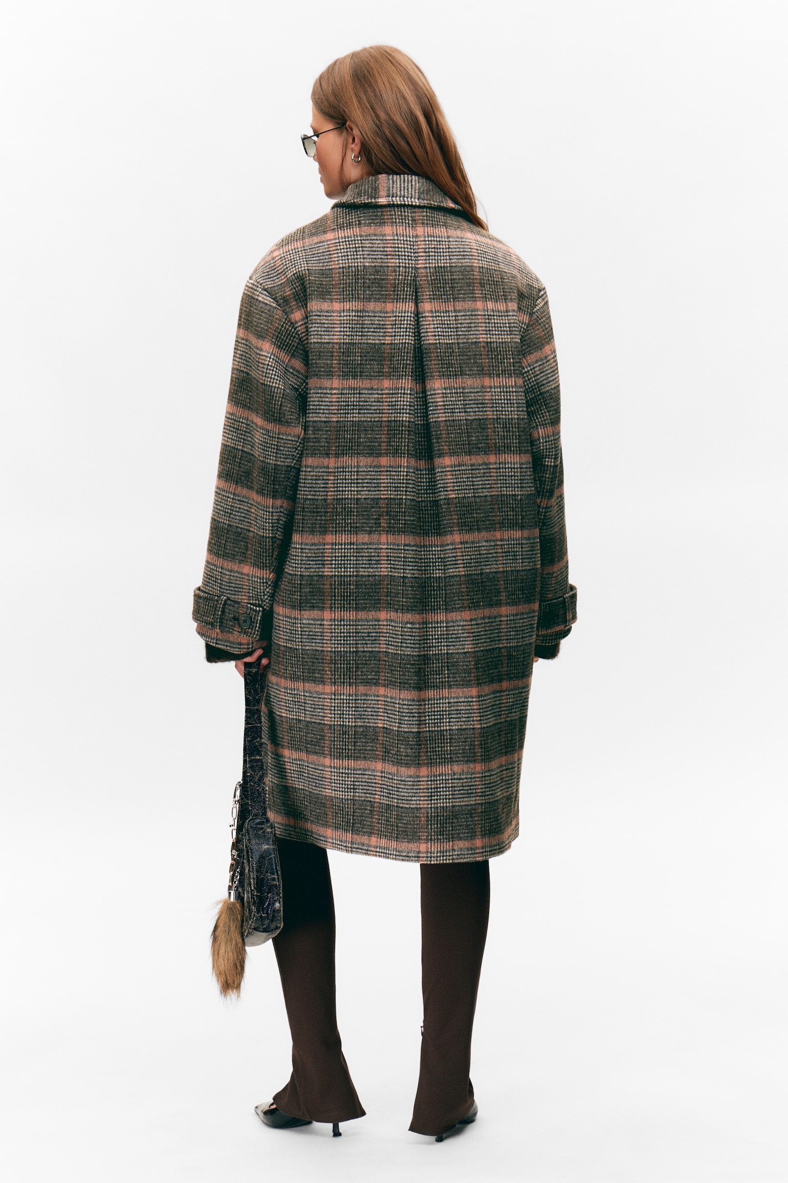Knee-Length Single-Breasted Coat - Dusty Mole Check/Dusty Dark Grey Melange - 3
