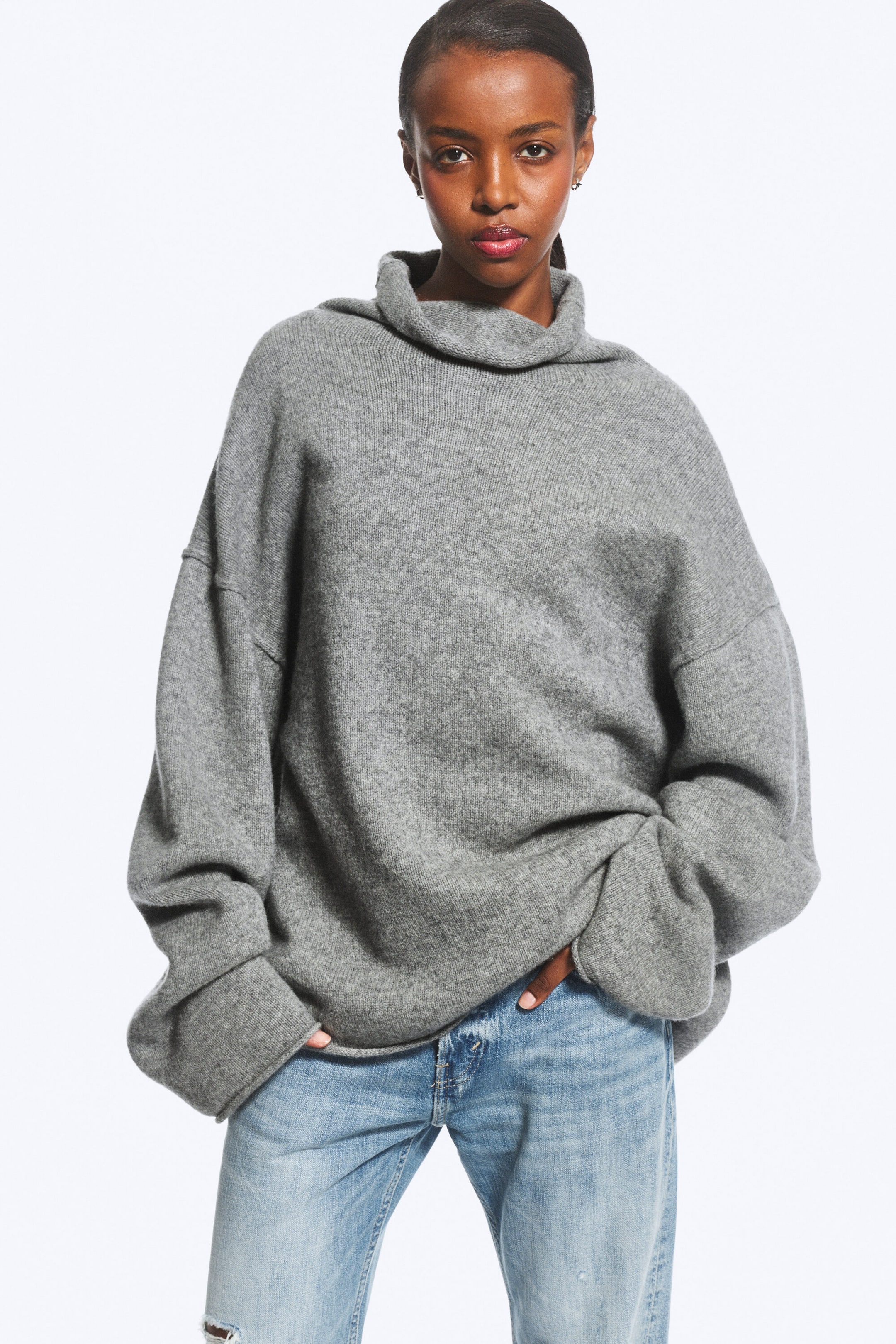 Grey Melange - Loose Wool Turtleneck Sweater - 2