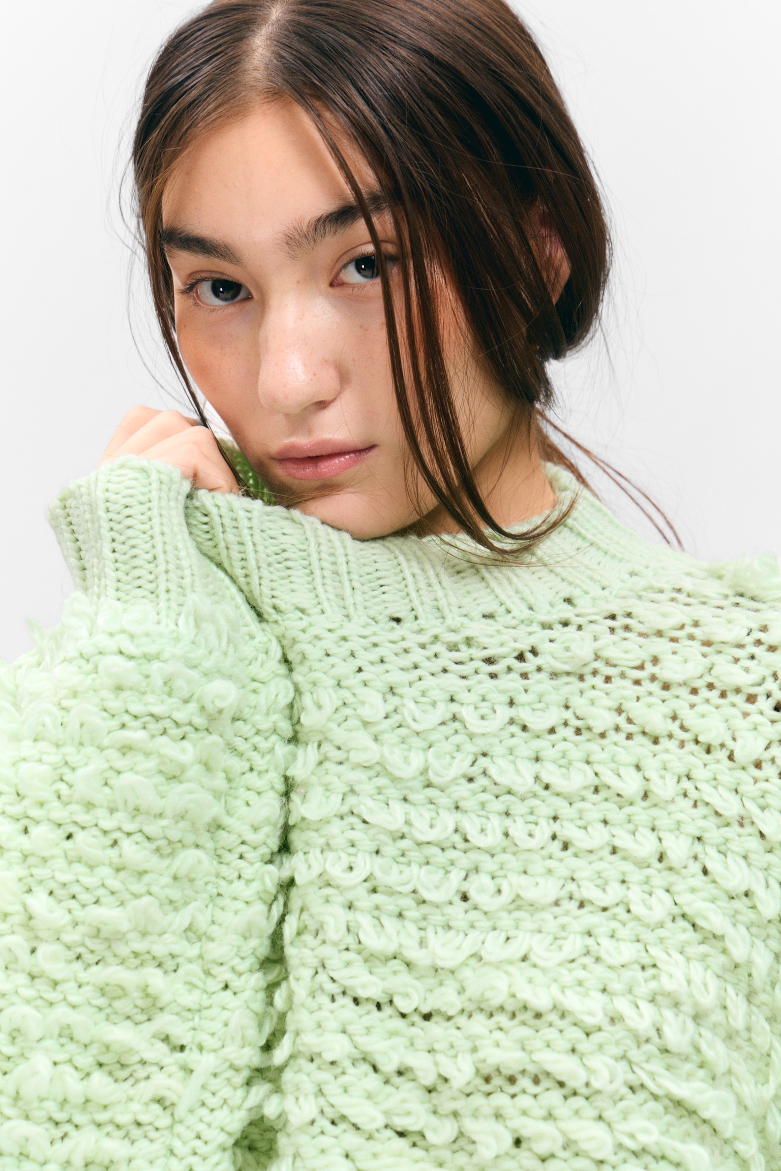 Textured Loop Knit Sweater - Light Green/Beige - 4