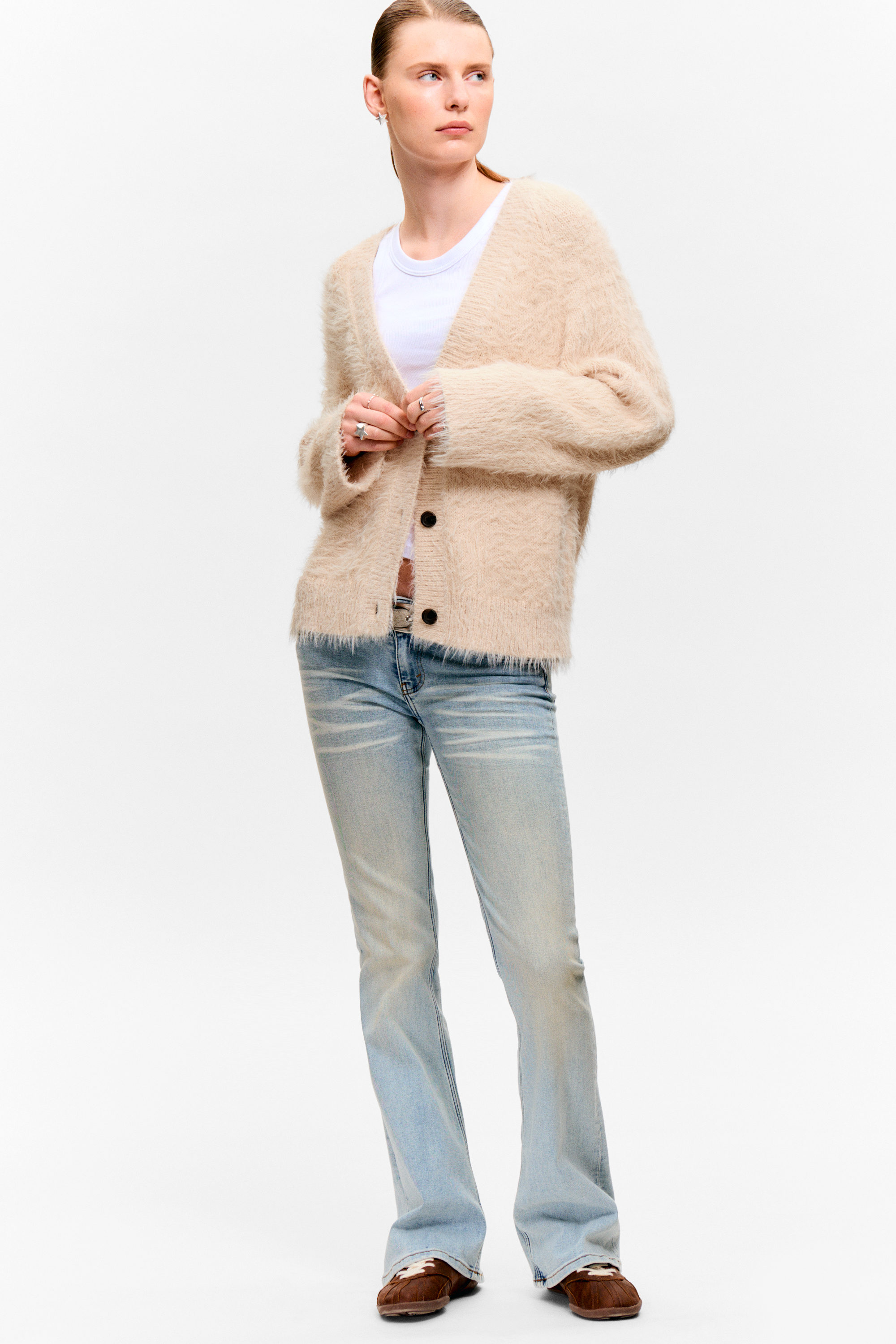 Beige - Oversized V-neck Cardigan - 2