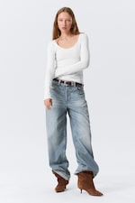 White - Long-Sleeved Slim Fit Scoop Neck Top - 0