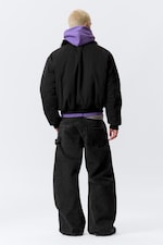 Black - Loose Bomber Jacket with Faux-Fur Collar - 4