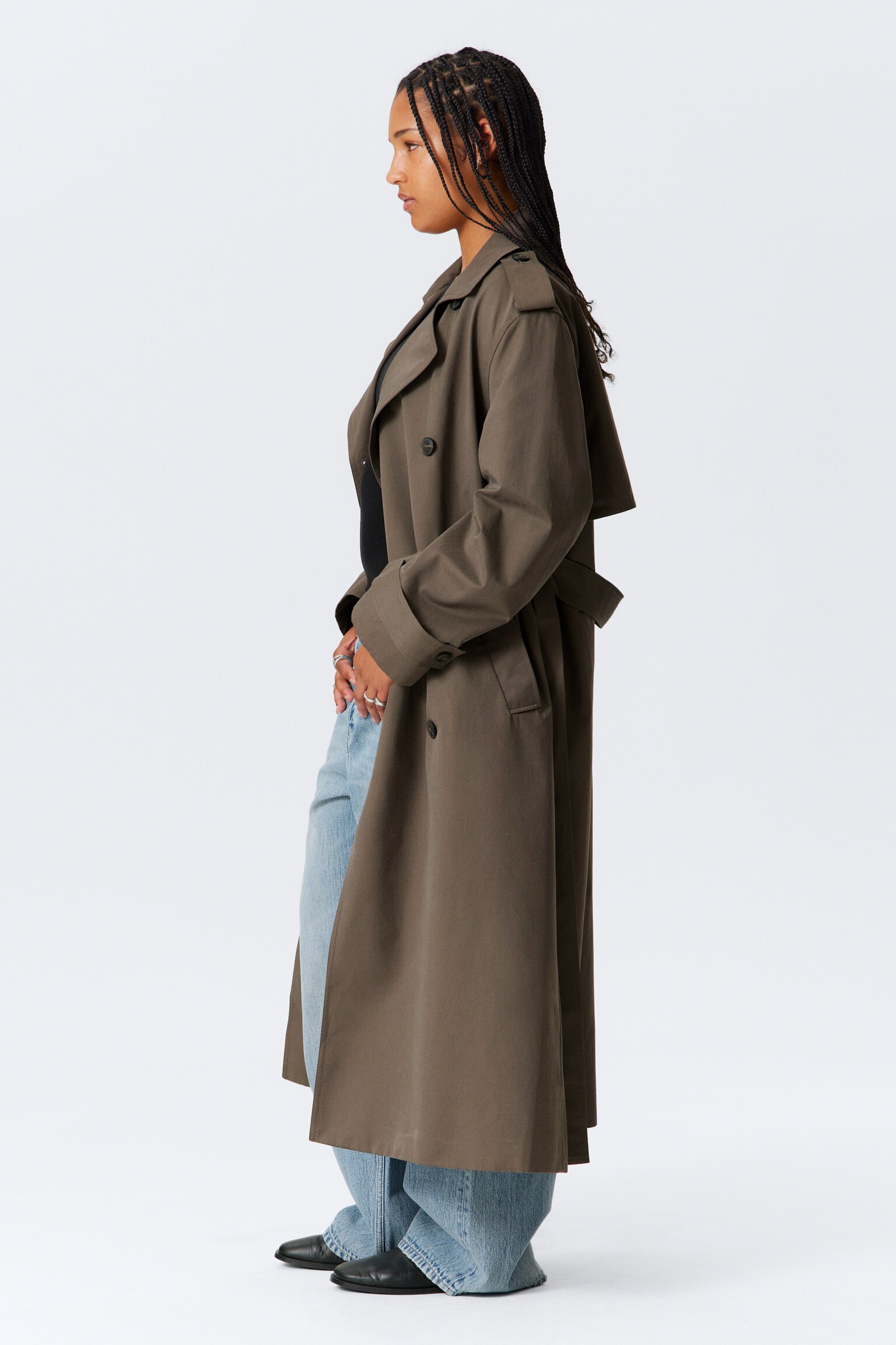 Oversized Double-Breasted Canvas Trench Coat - Dark Mole/Black - 5