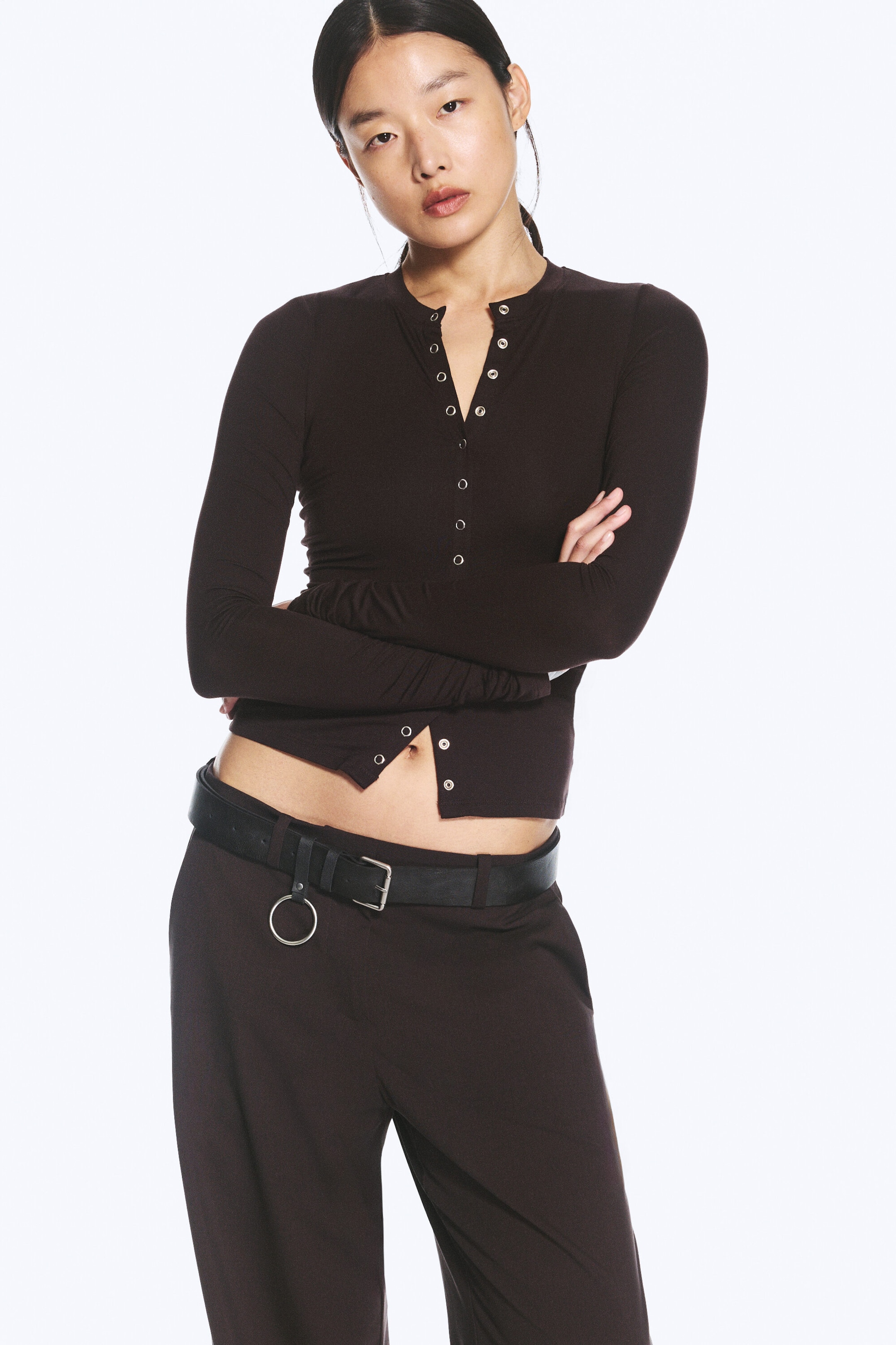 Dark Brown - Slim Long-Sleeved Buttoned Cardigan - 1