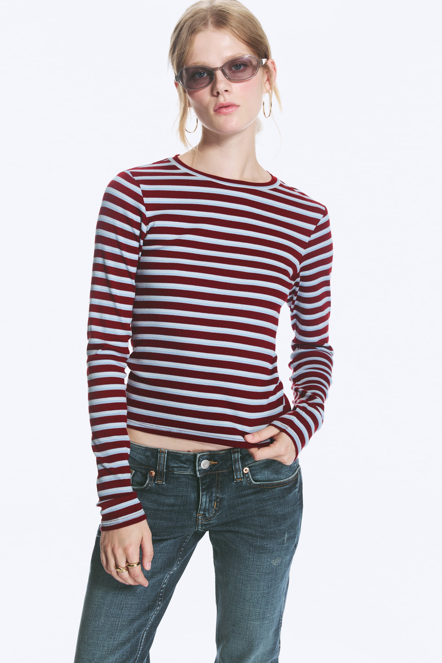 Tettsittende ribbet langermet overdel - Stripet blå/rød/hvit/Stripet brun/blå/rosa/Hvit - 1