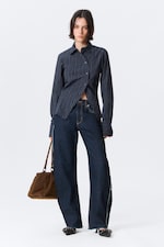 Striped Dark Blue - Asymmetric Fitted Poplin Shirt - 0