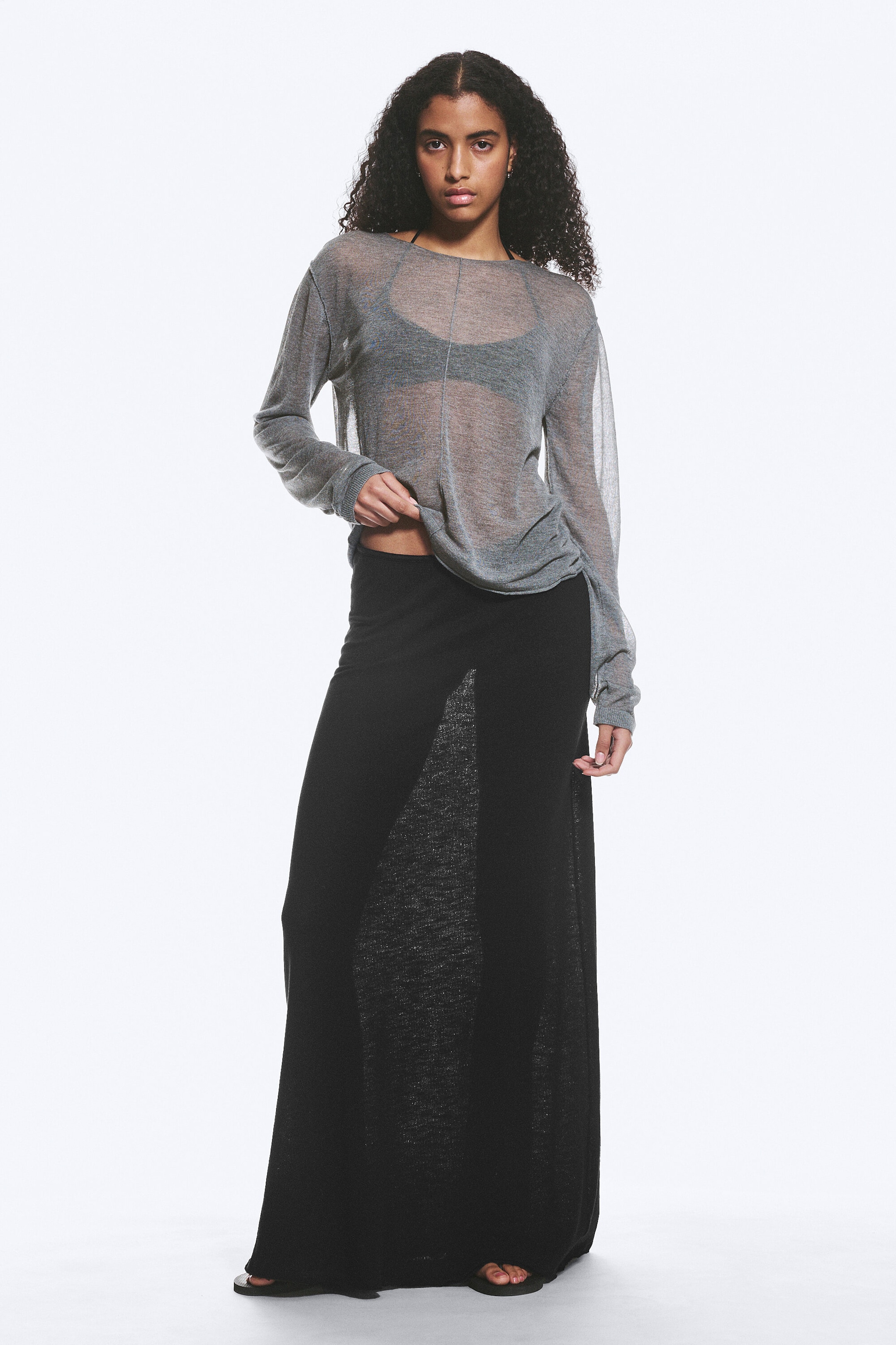 Black - Sheer Cotton Knit Maxi Skirt - 1