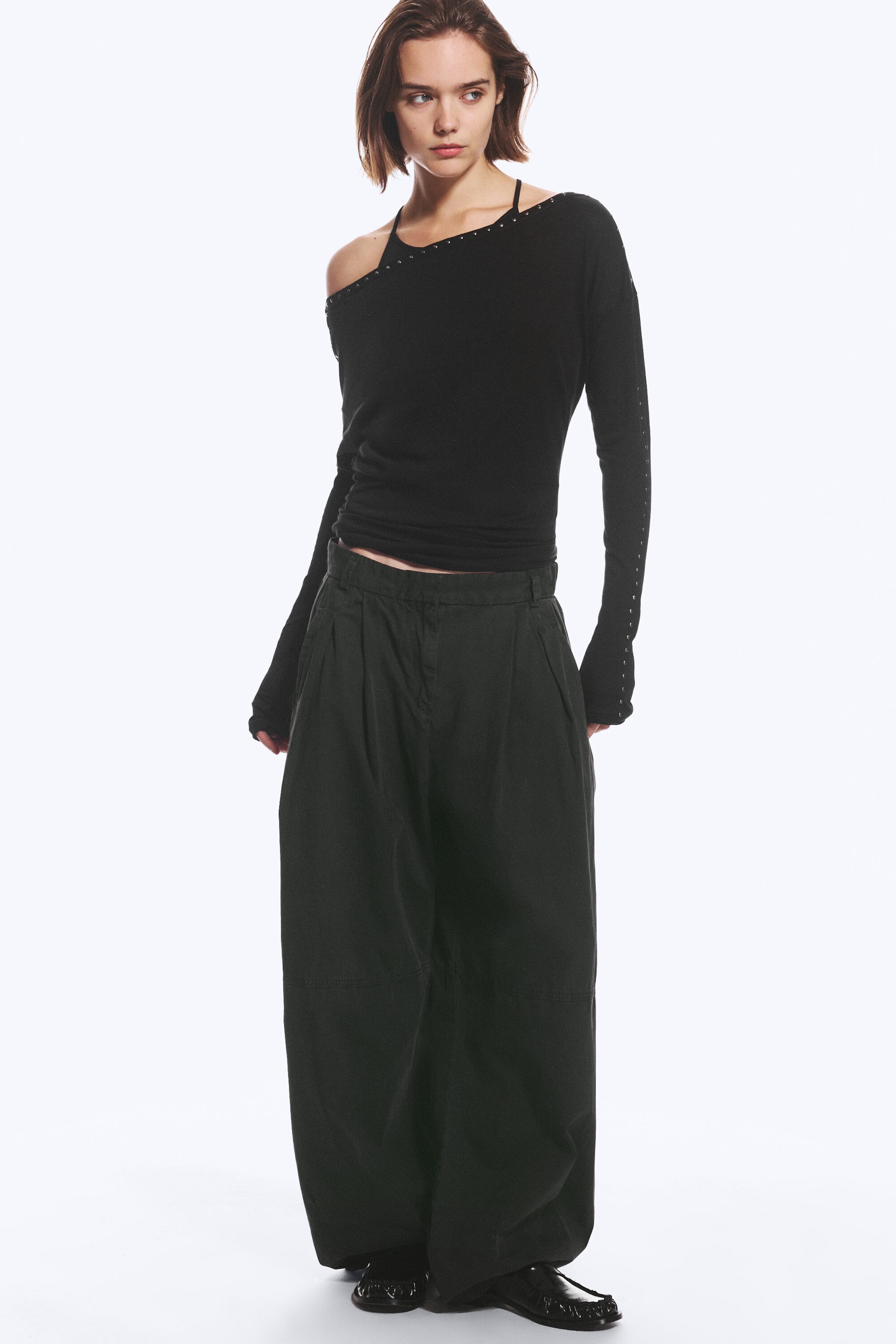 Black - Studded Off-Shoulder Long-Sleeved Top - 1