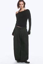 Black - Studded Off-Shoulder Long-Sleeved Top - 1