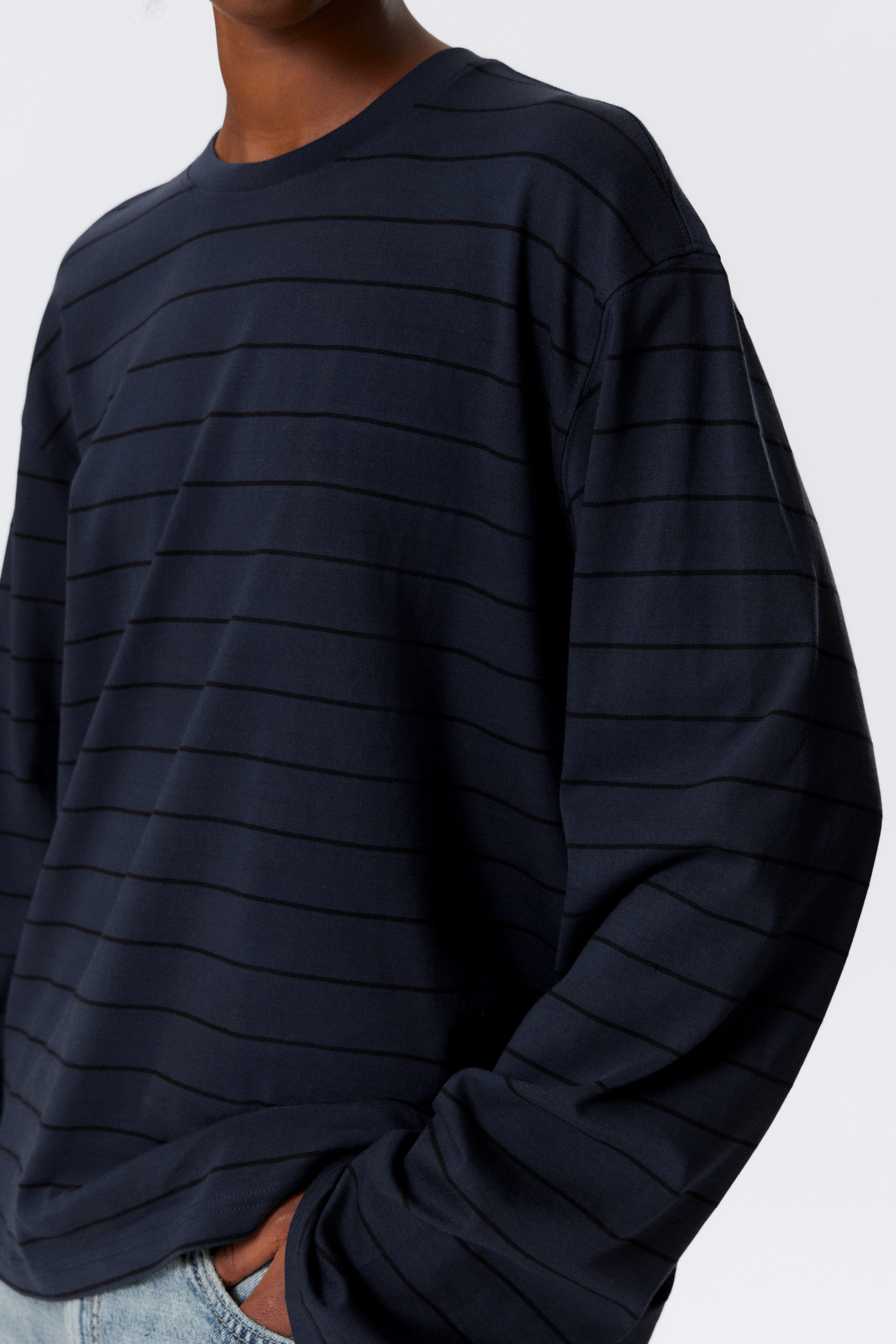 Striped Dark Blue - Long-Sleeved Boxy Cotton T-shirt - 2