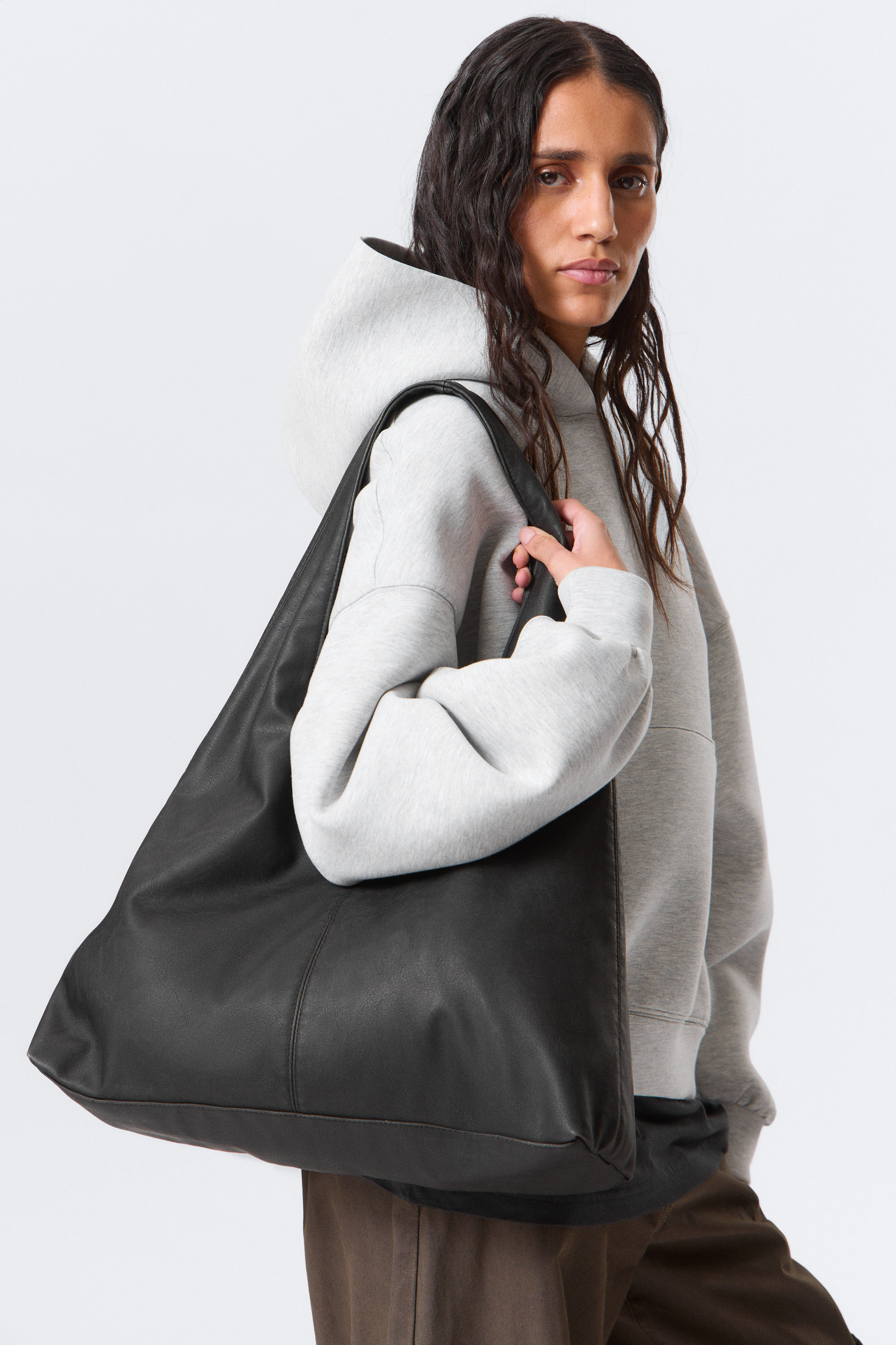 Black - Faux Leather Slouchy Shoulder Bag - 1