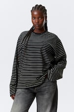 Striped Black - Long-Sleeved Boxy Cotton T-shirt - 2