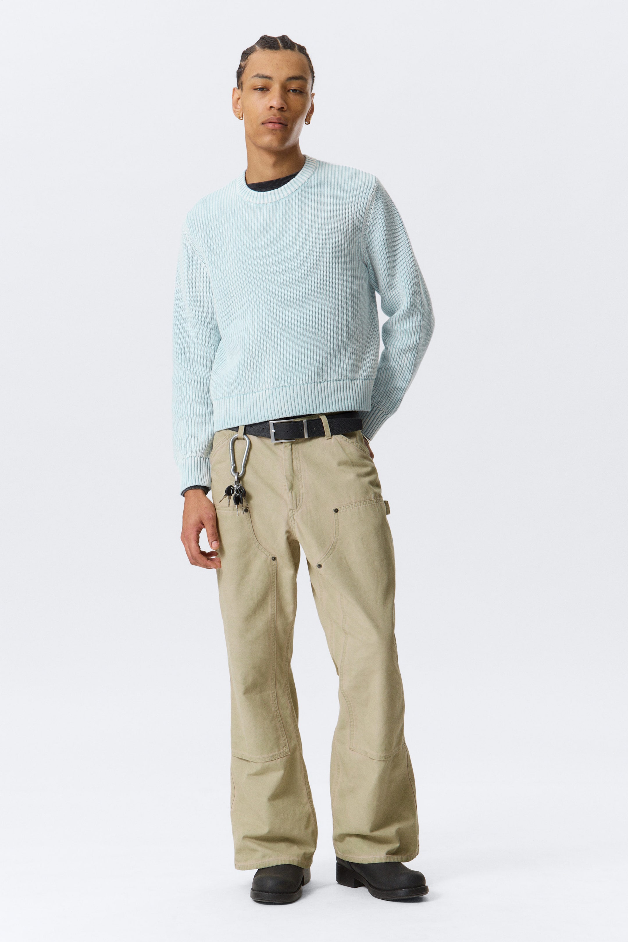 Washed Light Blue - Shrunken Knitted Cotton Sweater - 2