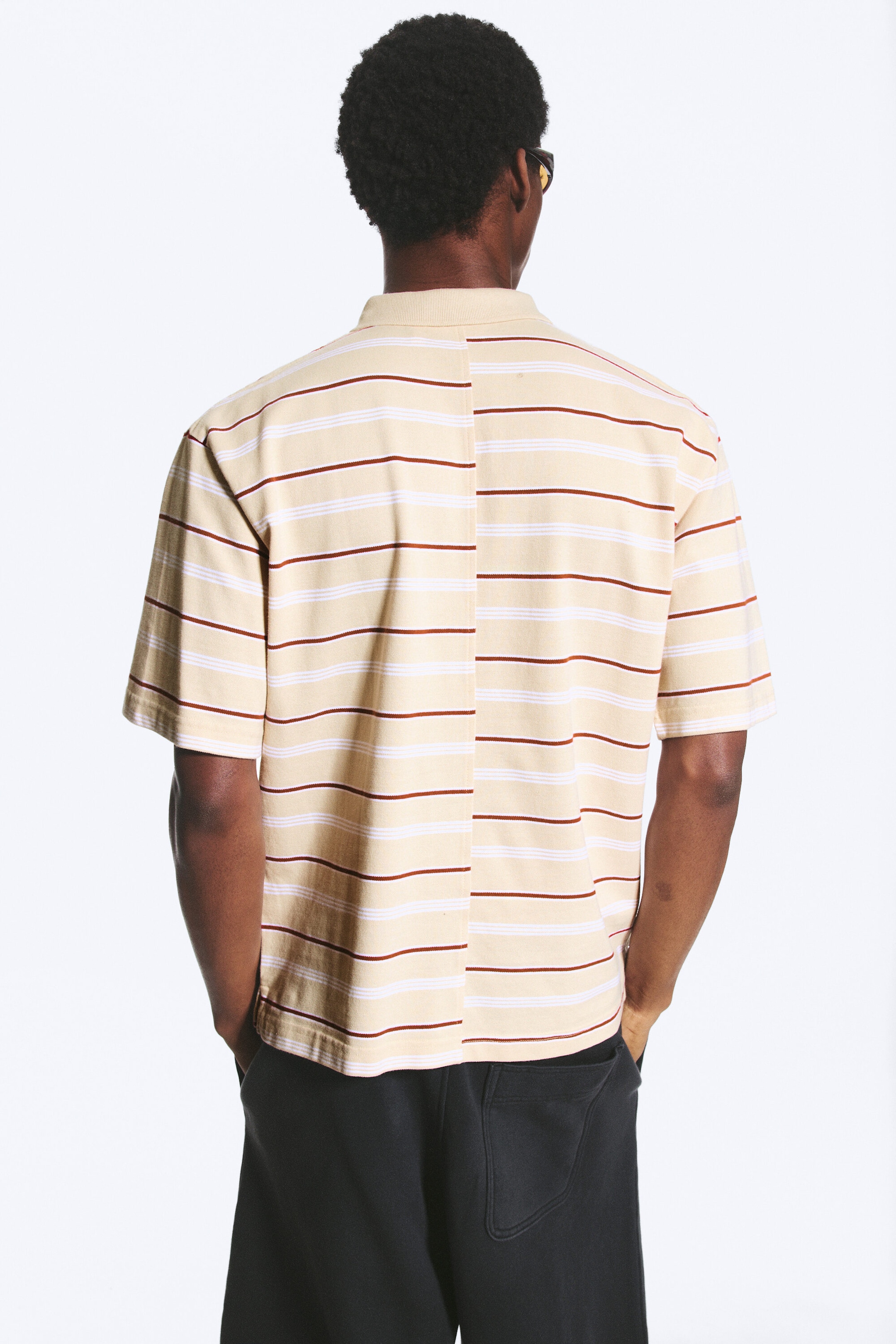 Striped Light Dusty Beige - Boxy Loose Polo Shirt - 3
