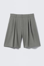 Dark Grey Melange - Wide Pleated Tailored Shorts - 0