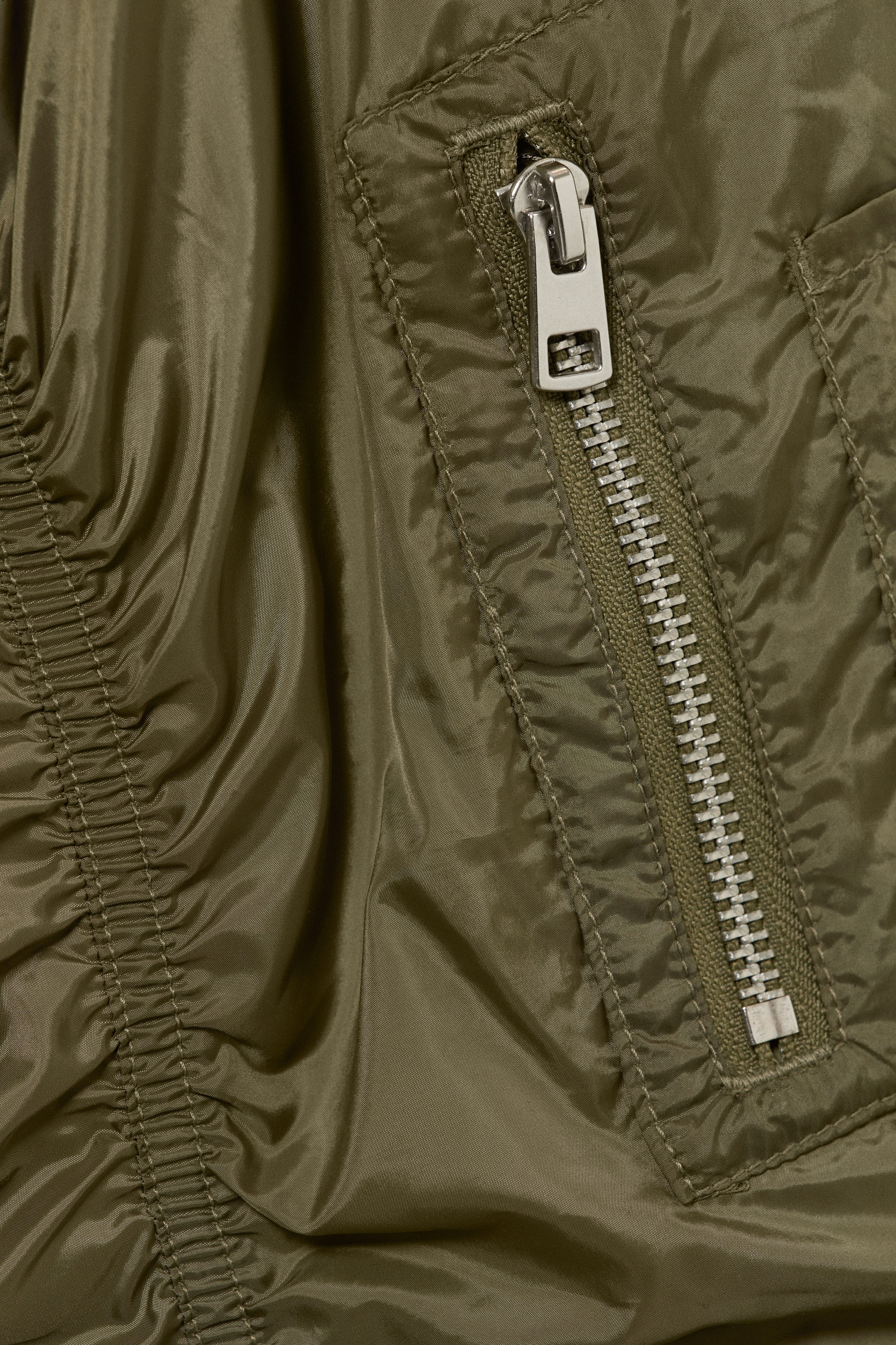 Khaki Green - Slim Ruched Peplum Bomber Jacket - 5