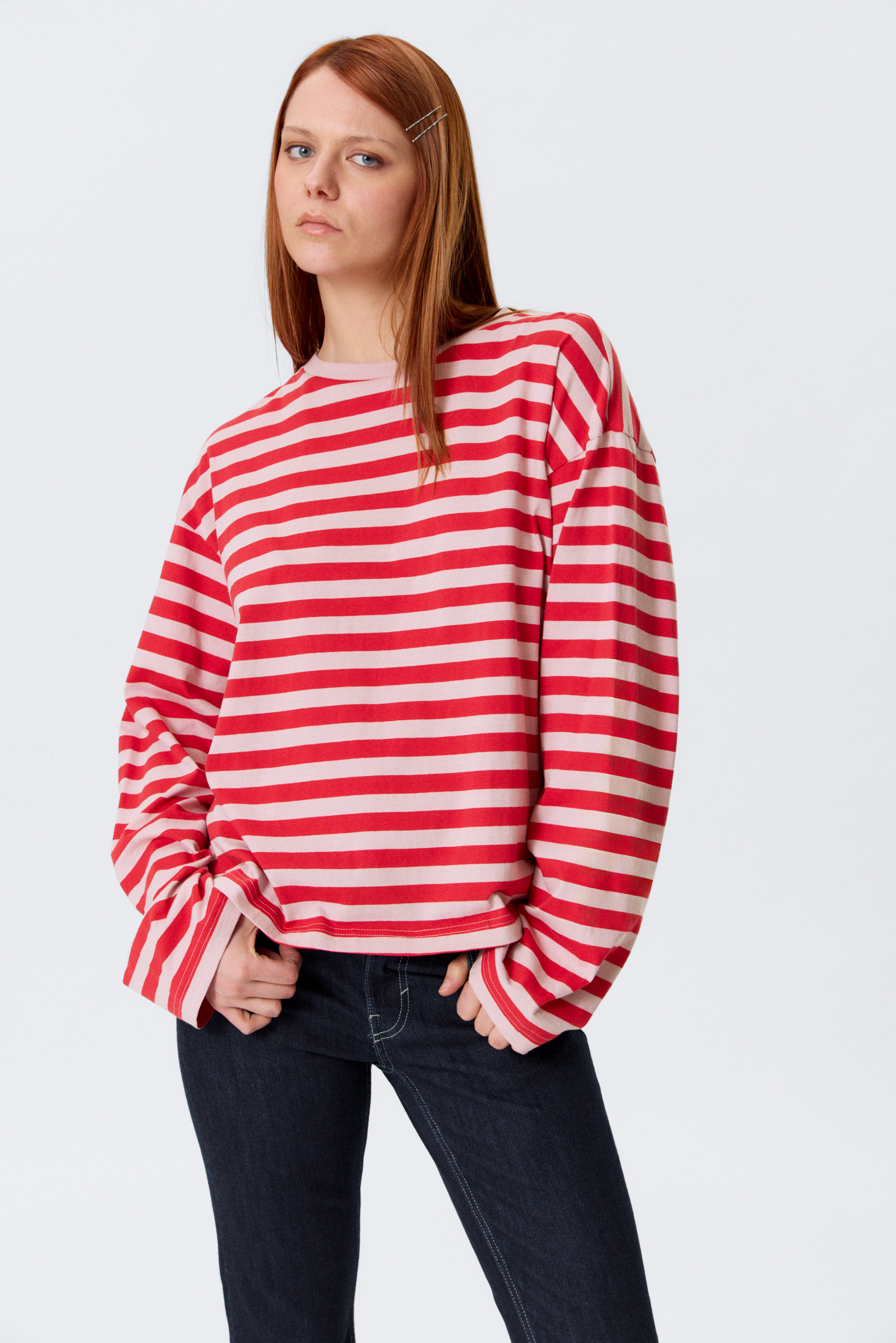long-sleeved cotton t-shirt - Red & Pink Stripes | Monki WW