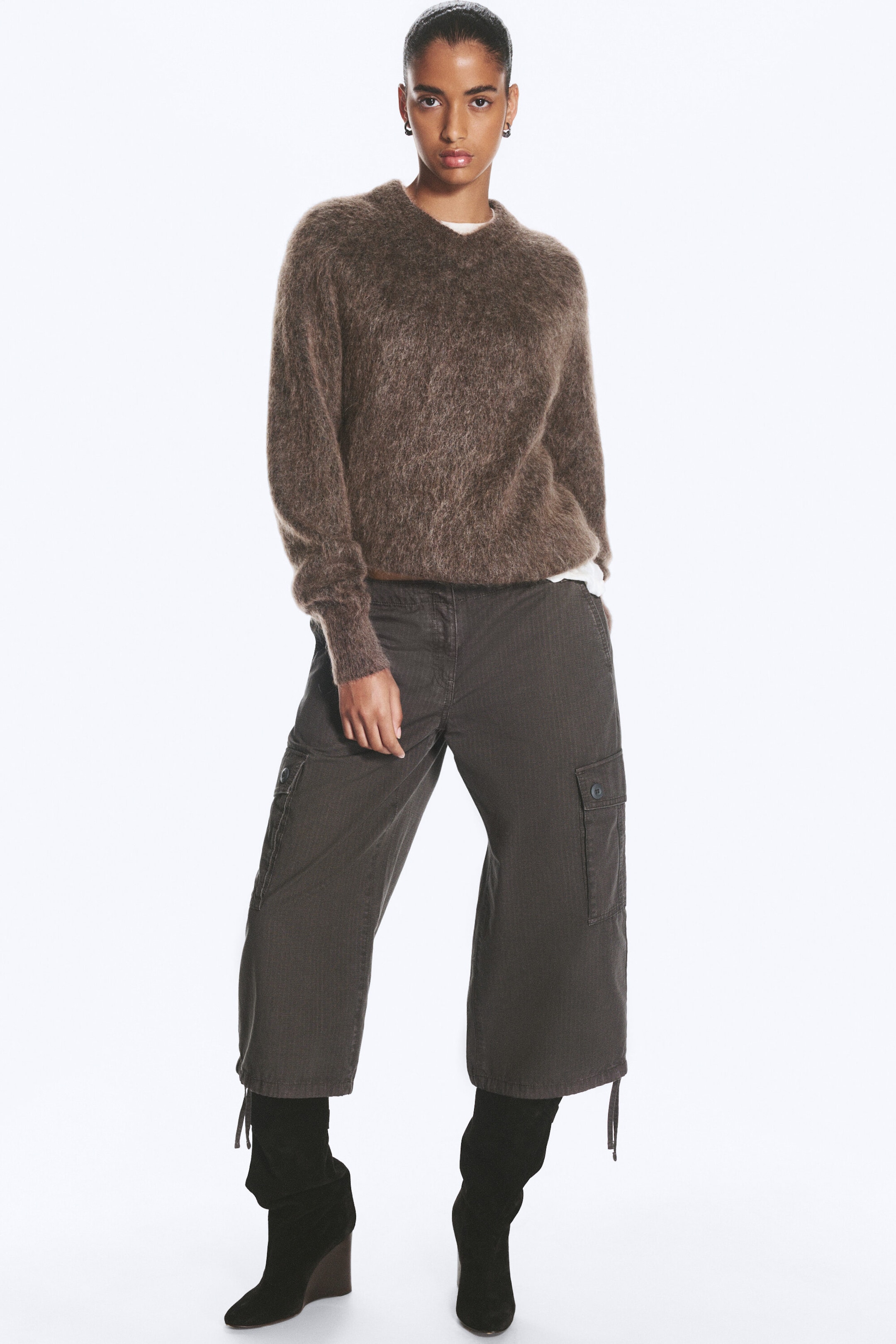 Dark Mole - Knitted V-neck Mohair-Blend Sweater - 2