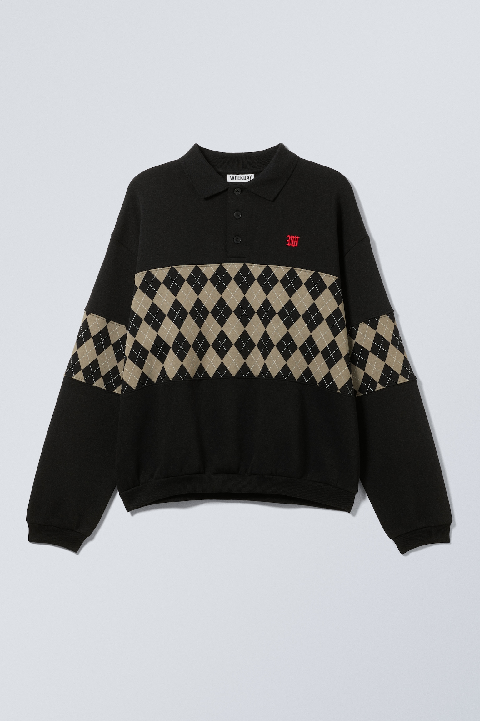 Sudadera tipo polo holgada con estampación - Negro - Franja a rombos