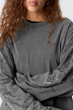 Dark Grey - Oversized Long-Sleeved Rhinestone T-shirt - 2