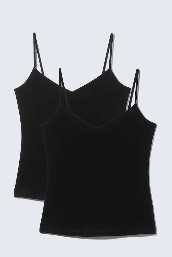 Two black camisoles featuring thin spaghetti straps and a V-neckline. One camisole is positioned slightly behind and to the left of the other. - 1