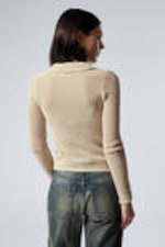 Light Beige - Knitted Cotton Zip Cardigan - 3