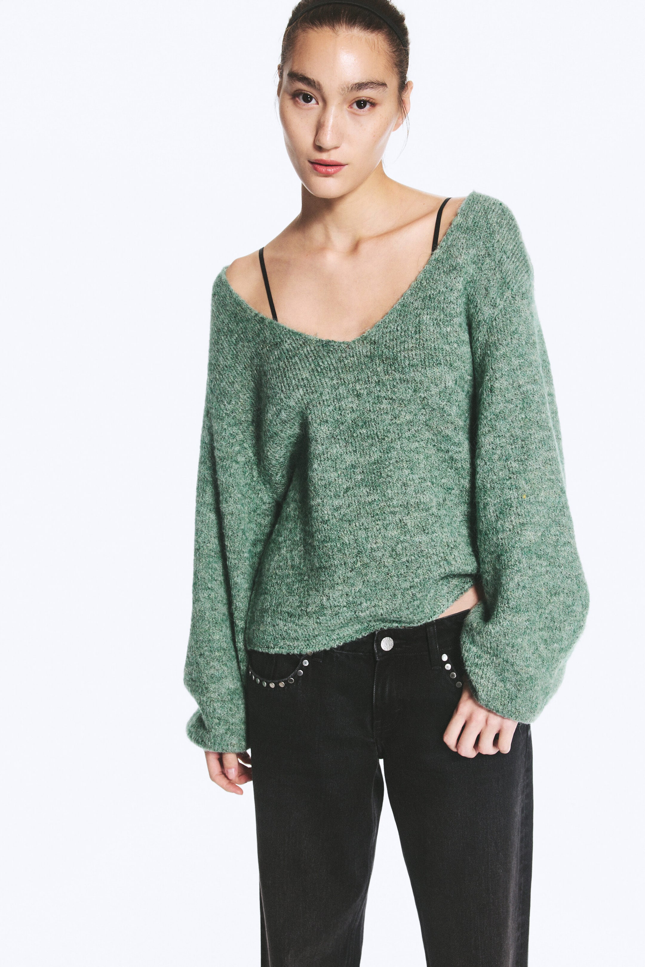 Green Melange - Oversized Knitted V-Neck Sweater - 1