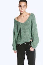Green Melange - Oversized Knitted V-Neck Sweater - 0