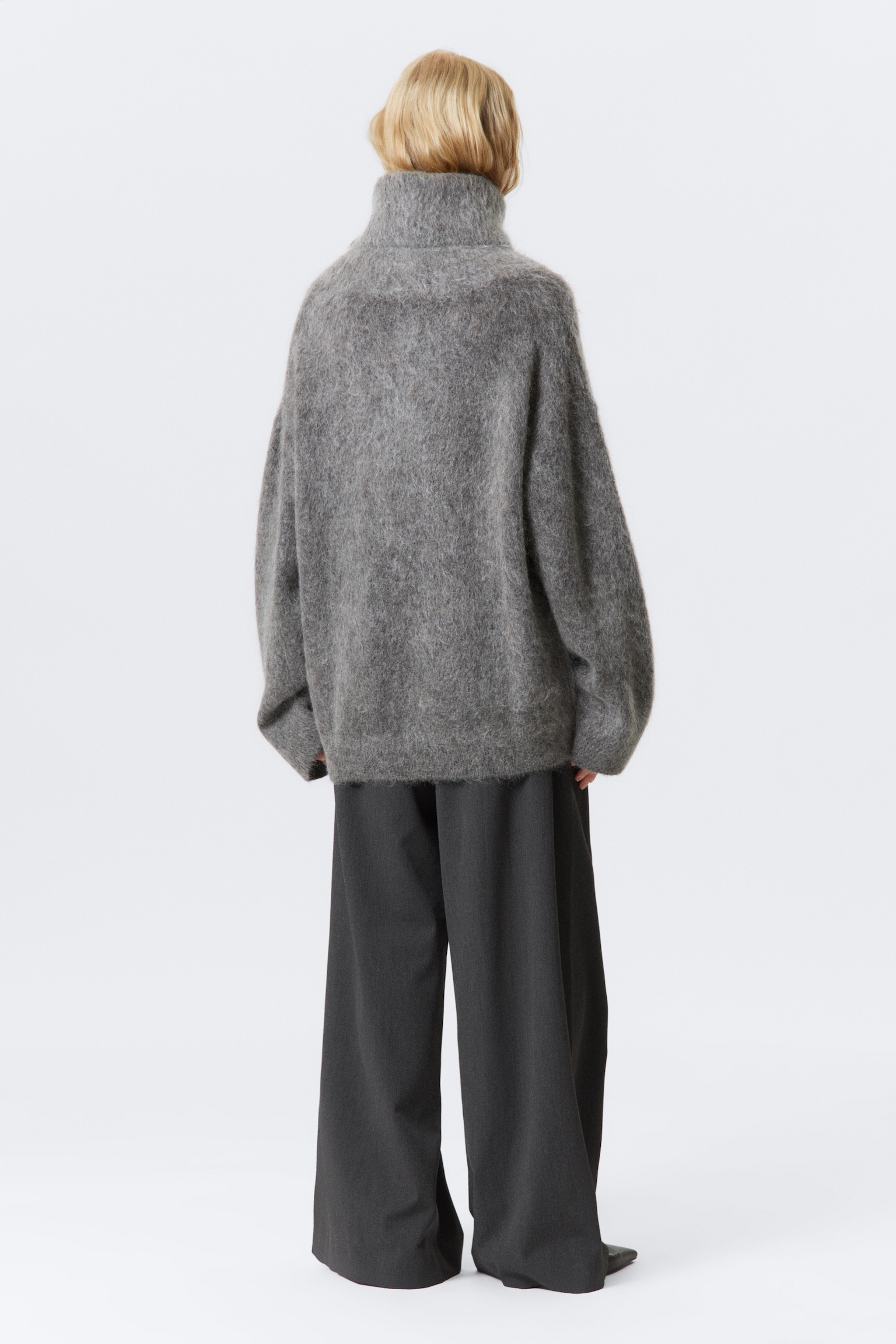 Mohair-Blend Funnel Neck Sweater - Dark Grey Melange/Dark Brown Melange - 4