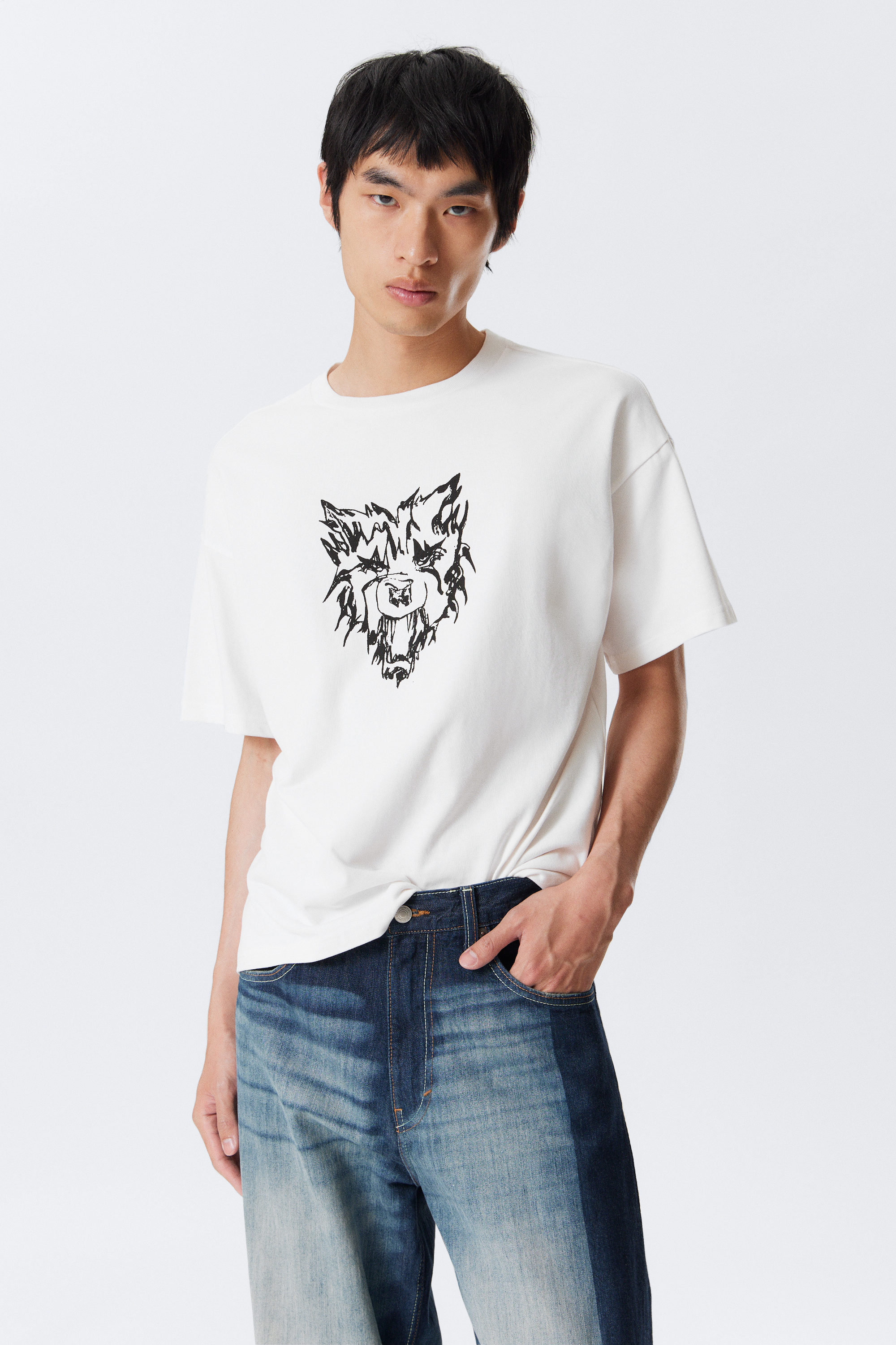 Weiß - Tiger-Wolf - Bedrucktes kastiges T-Shirt - 1