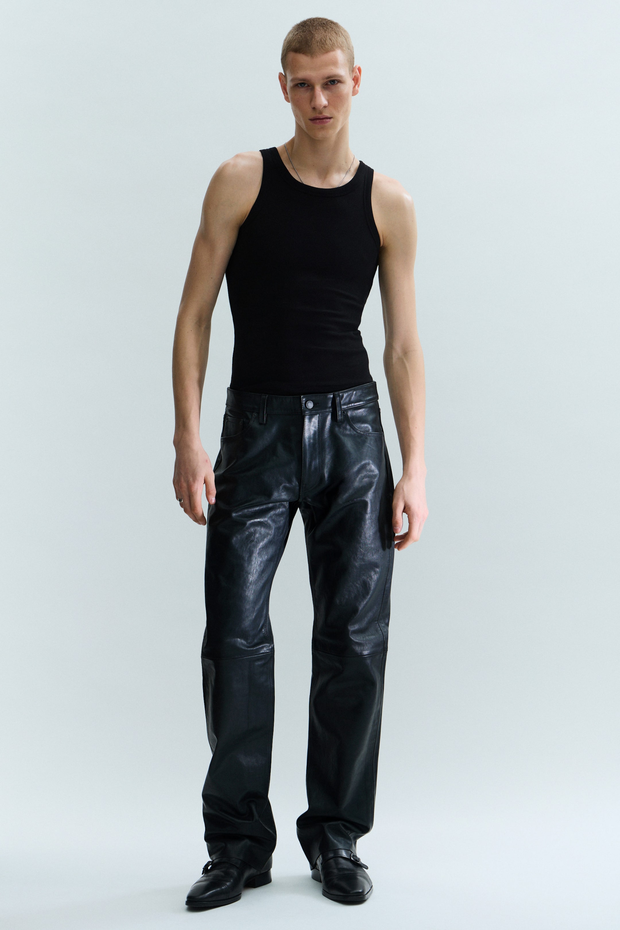 Black - Straight Leg Leather Trousers - 1