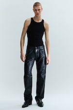 Black - Straight Leg Leather Trousers - 0