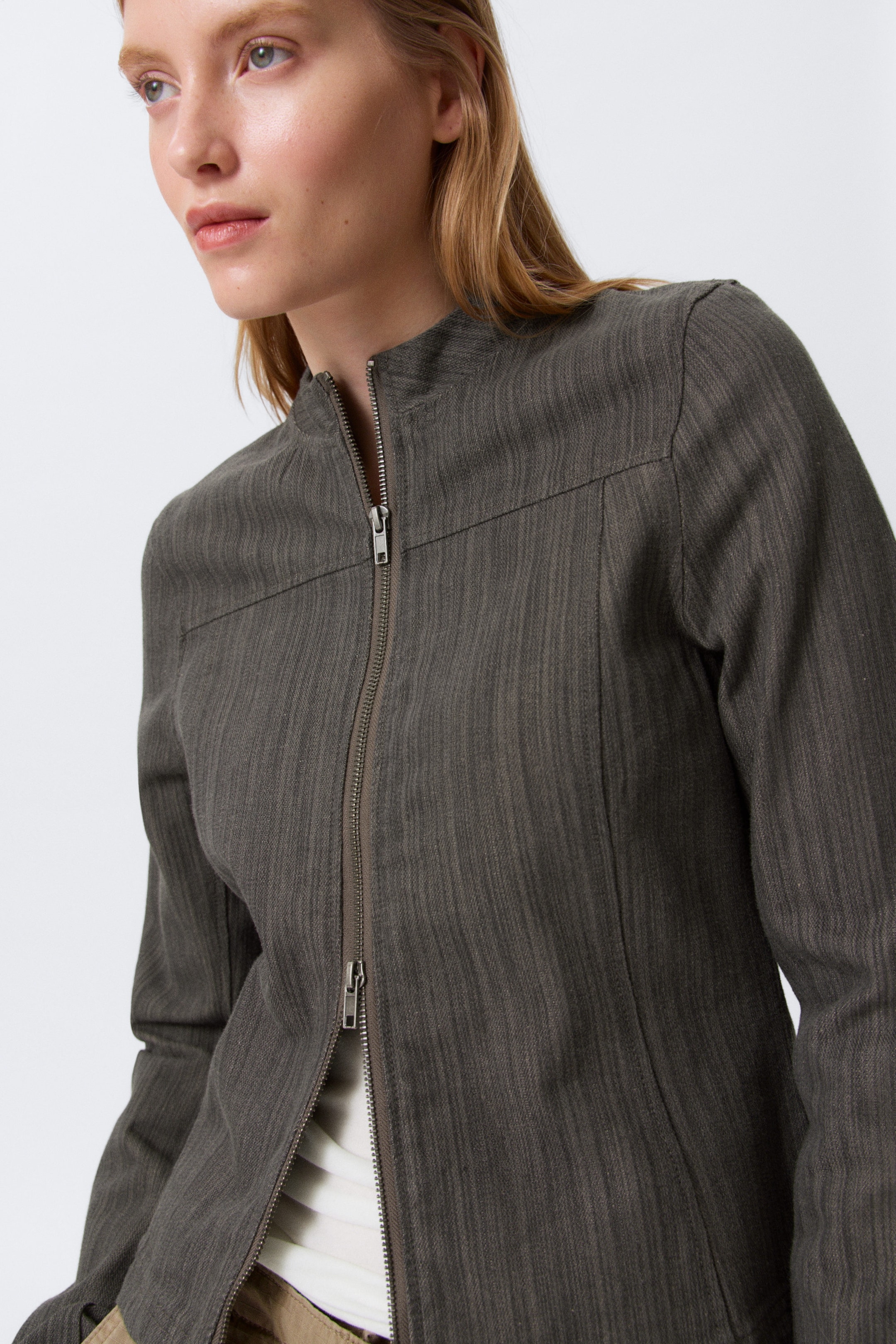 Dark Grey - Tight Structured Cotton Zip Jacket - 2