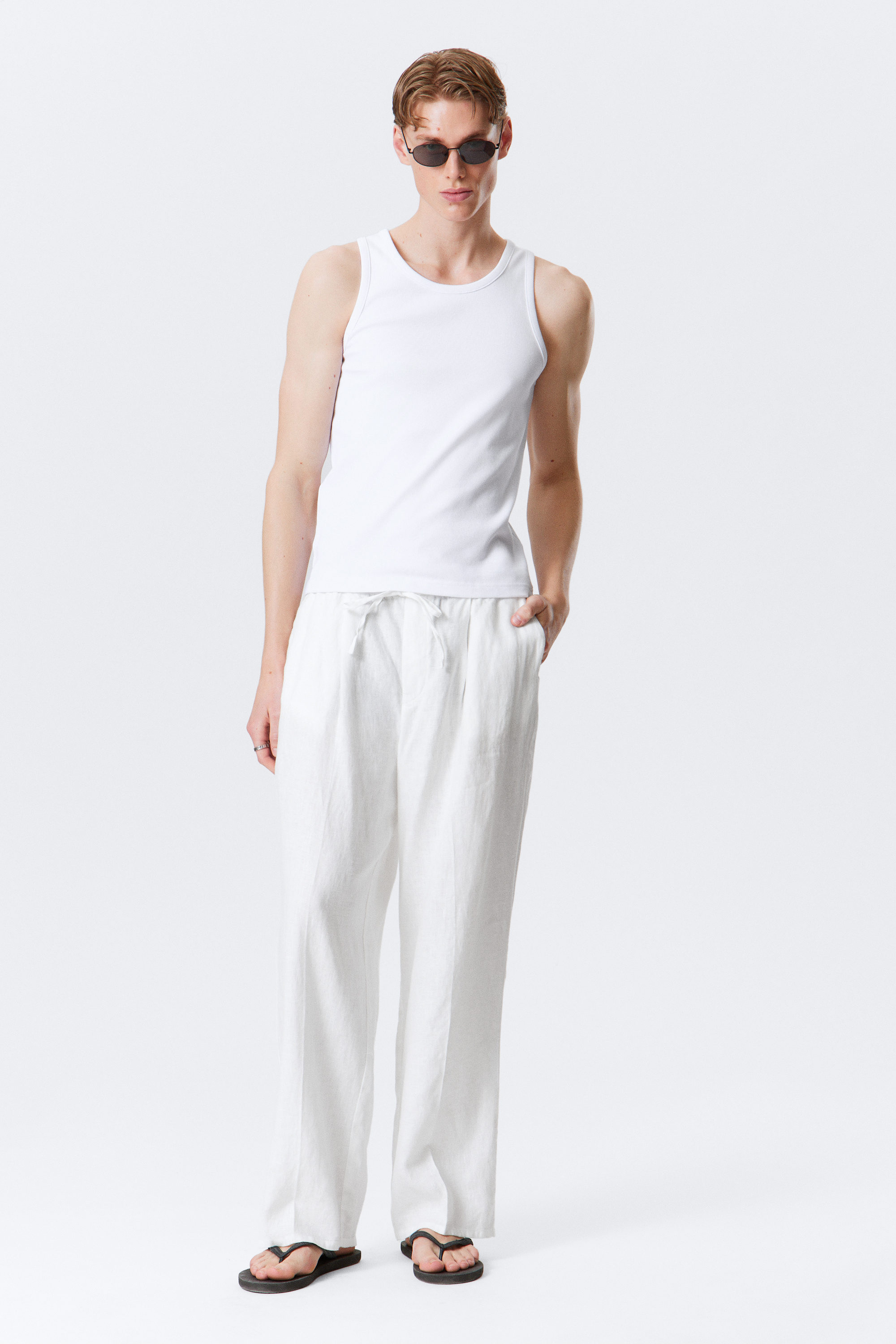 White - Loose Fit Straight Leg Linen Trousers - 1
