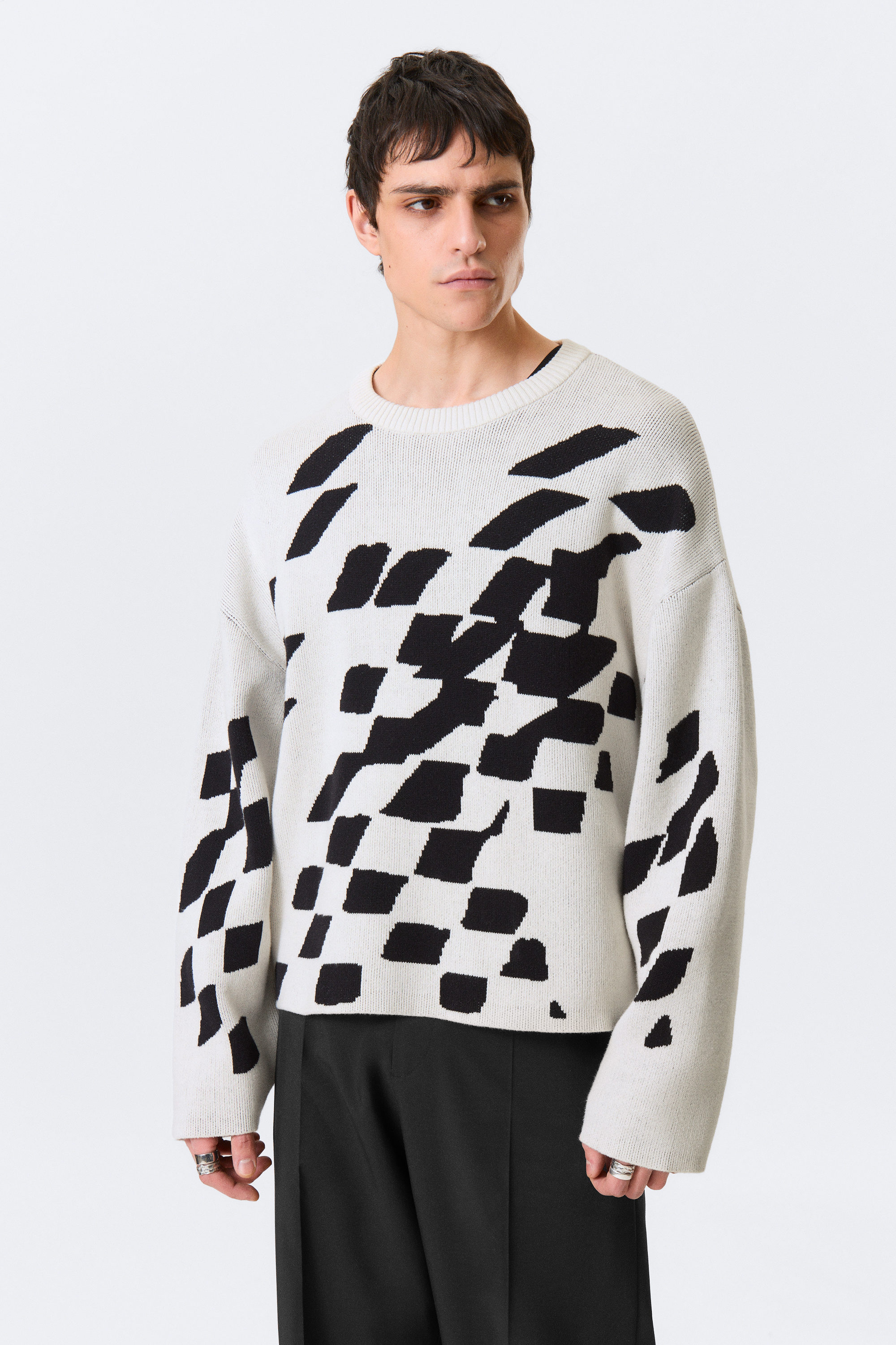 Dirty White - Square Pattern - Boxy Graphic Jacquard Sweater - 2