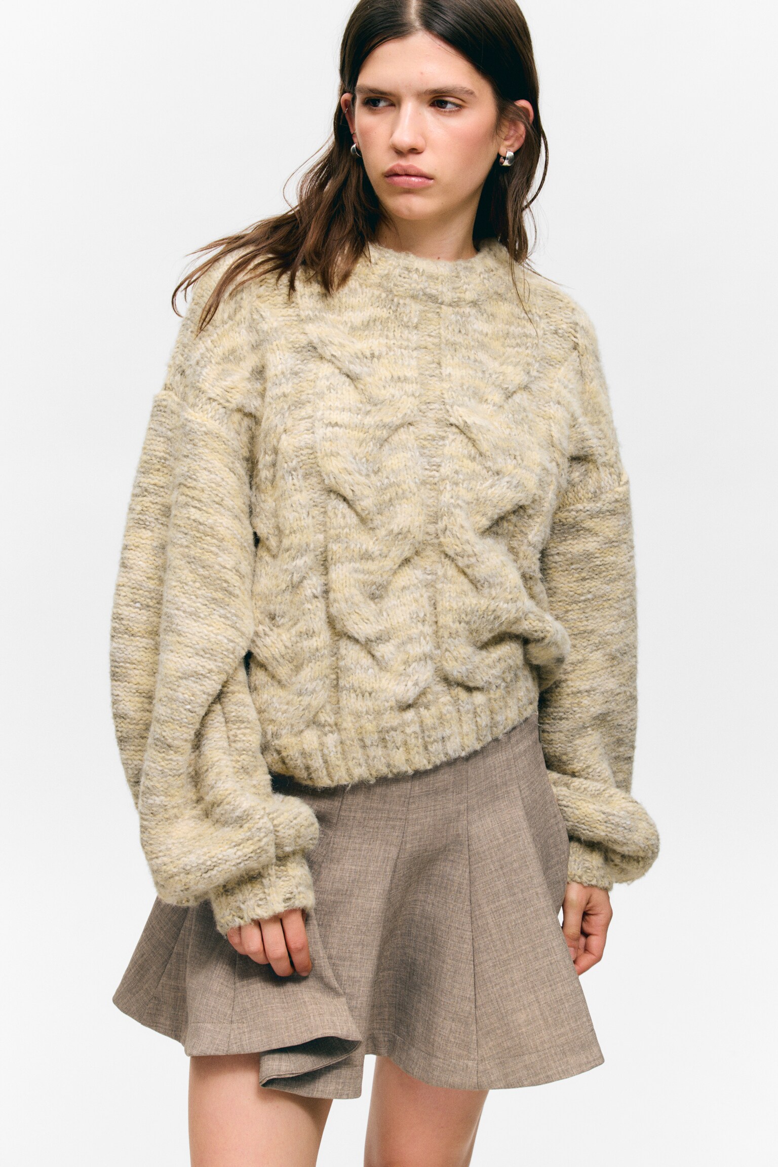 Pull en maille torsadée épaisse - Mélange jaune poussiéreux - 3