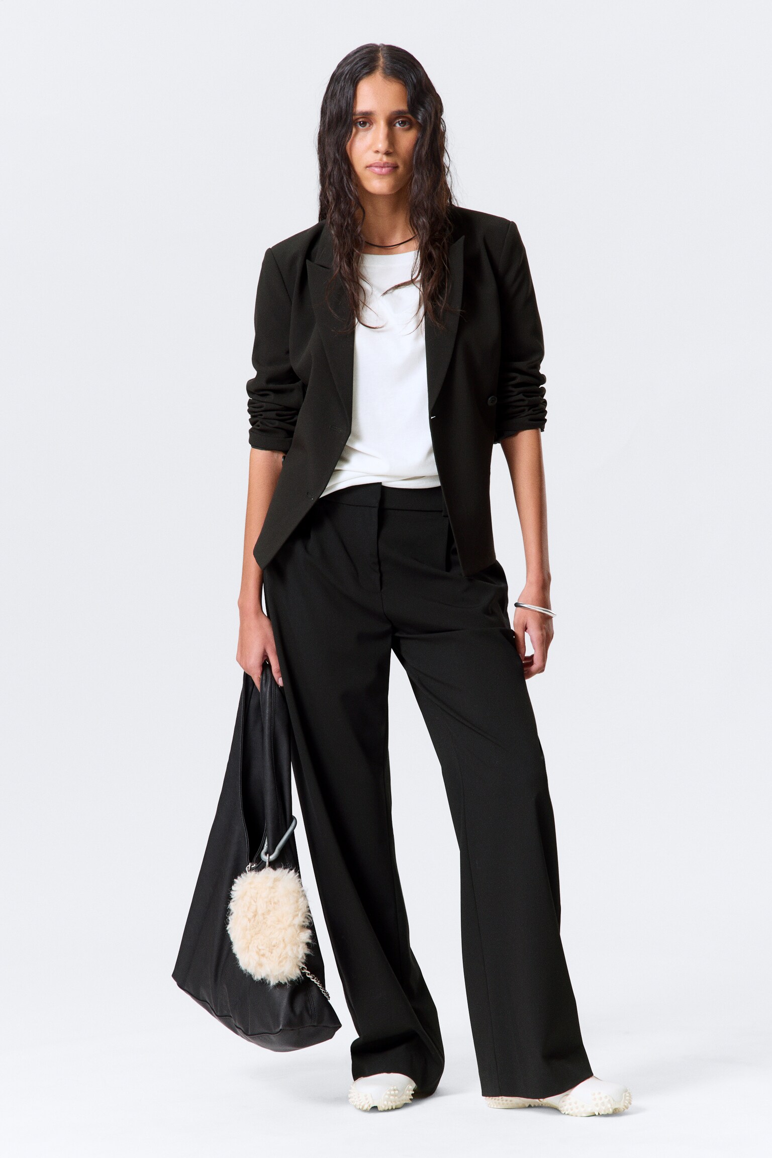 Relaxed Mid Rise Pleated Suiting Trousers - Black/Striped Dark Grey Melange