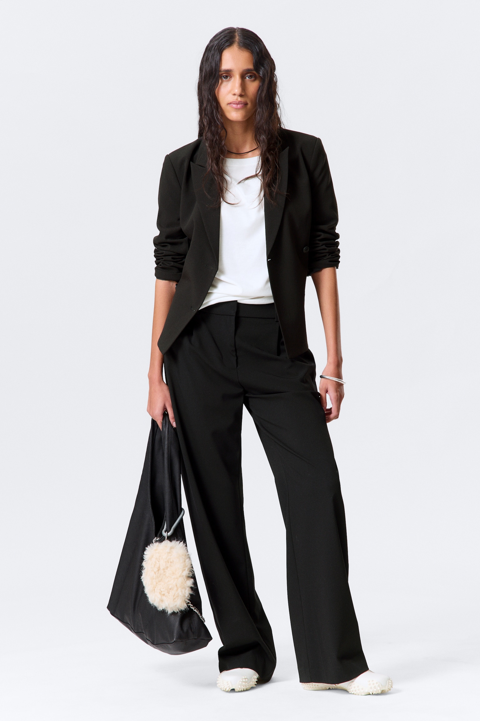 Pantaloni relaxed in tessuto per abiti vita media - Nero/Grigio scuro mélange a righe