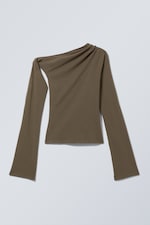Dunkles Graubraun - Asymmetrisches, drapiertes Langarmtop - 0