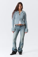 Light Dusty Blue - Slim Faux Fur Trim Zip Cardigan - 1