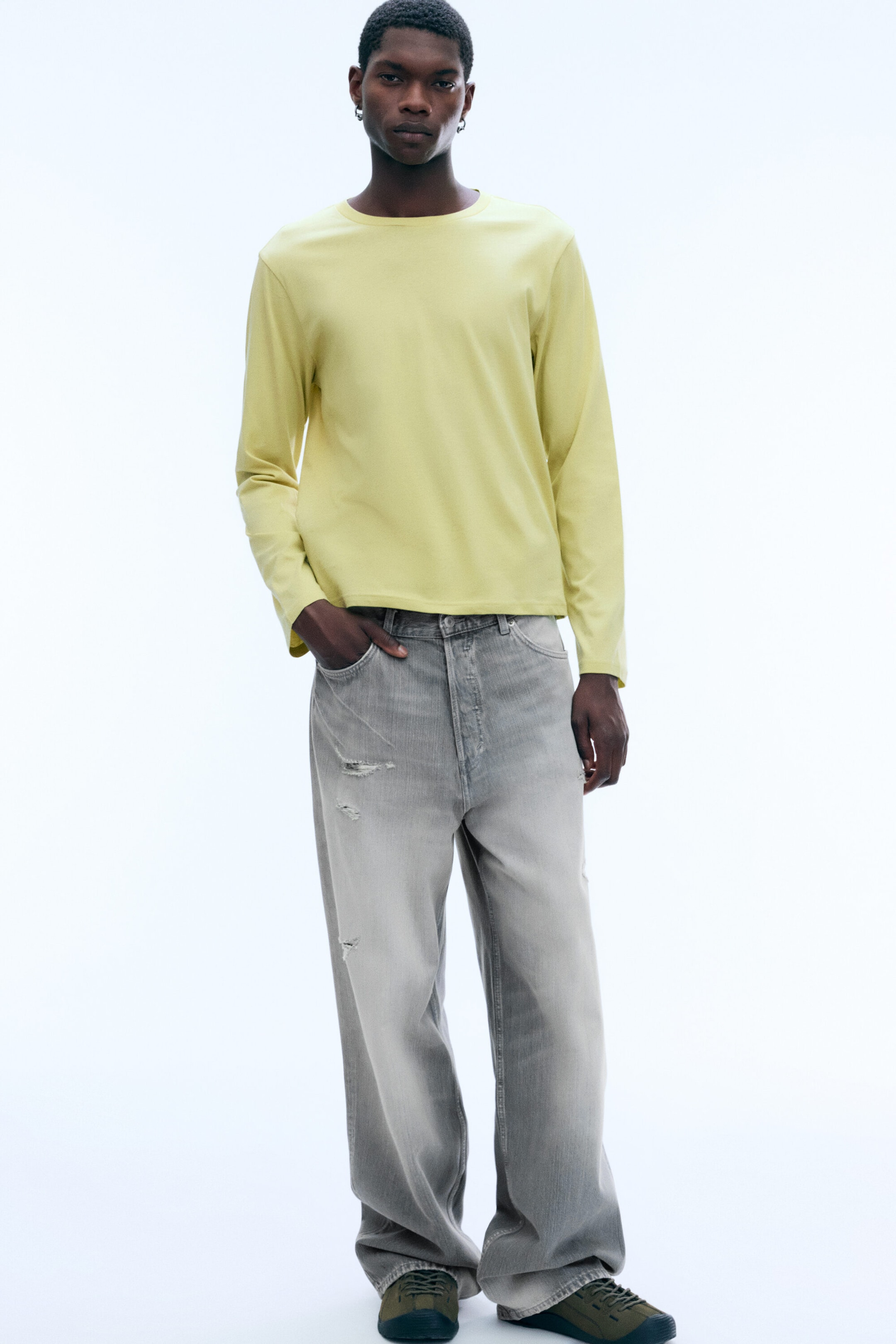 Dusty Lime - Shrunken Long-Sleeved Cotton T-shirt - 2