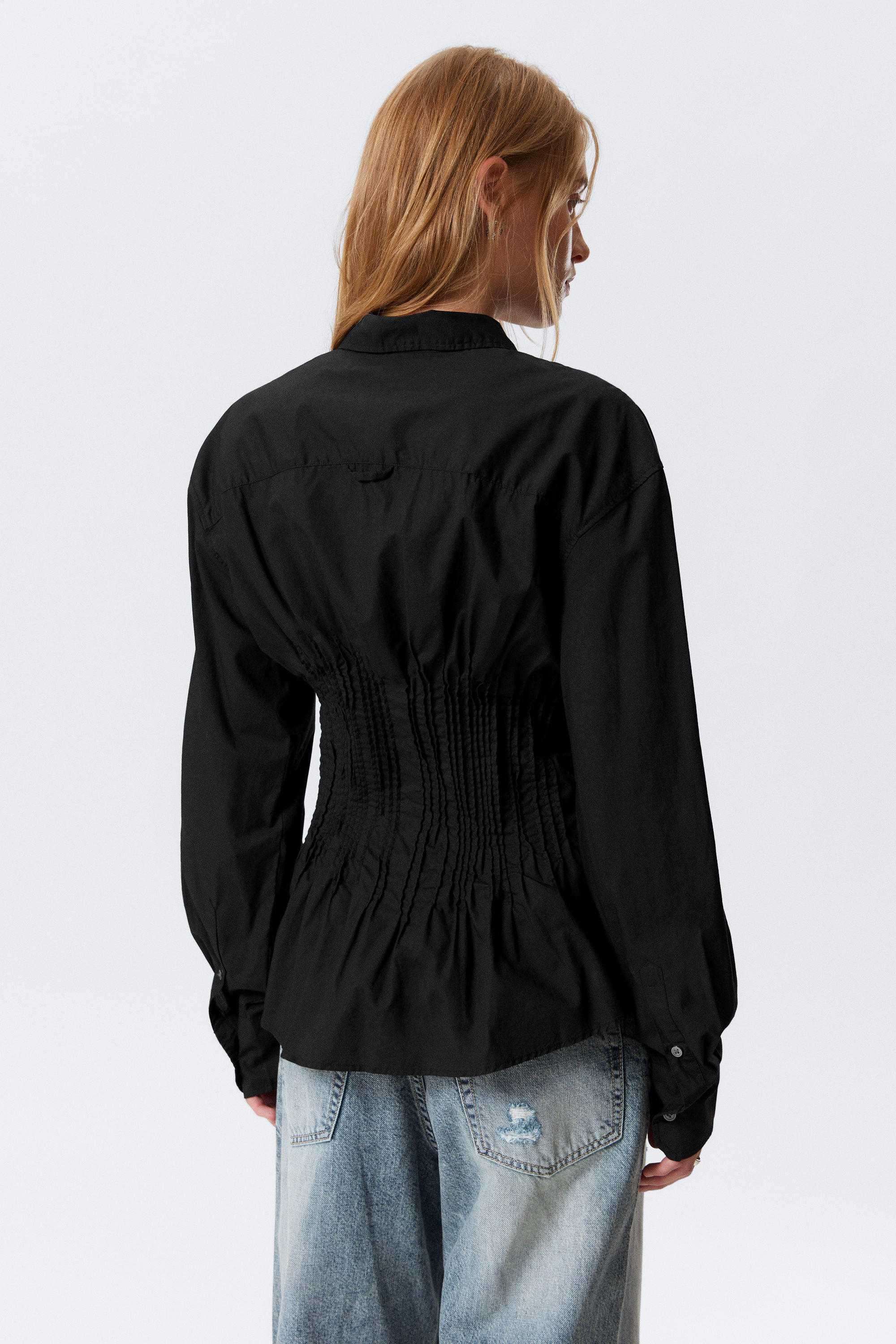 Black - Gathered Waist Cotton Poplin Shirt - 2